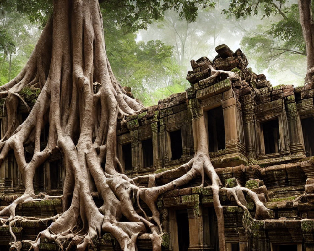 Ancient temple ruins entwined in giant tree roots in misty forest