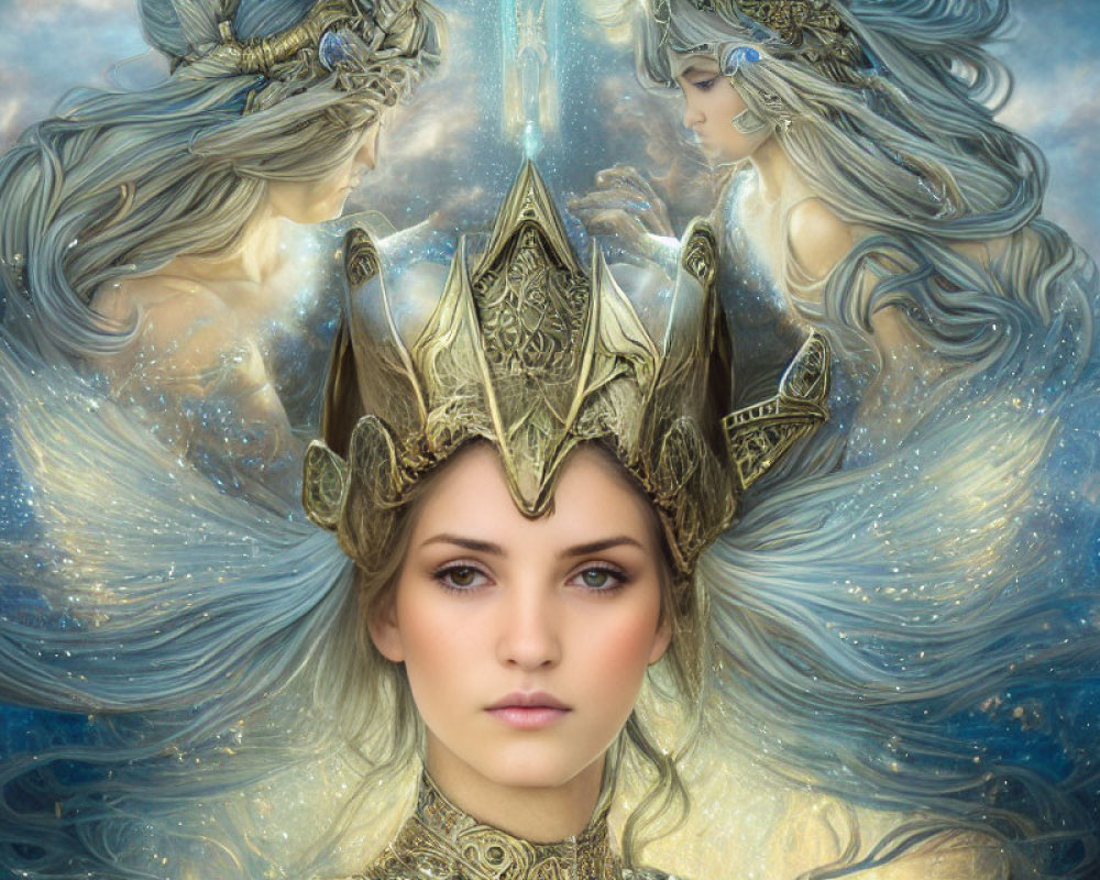 Digital artwork featuring woman's face with ethereal figures in ornate headdresses against celestial backdrop.