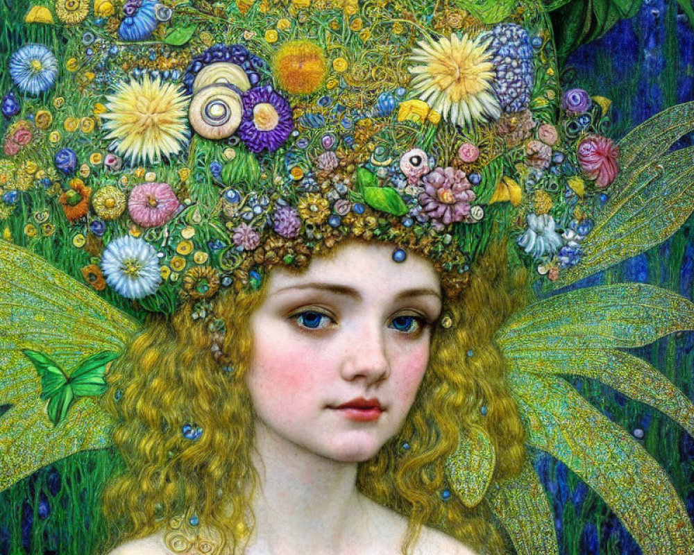 Fantasy artwork of winged female with floral headdress amid foliage.
