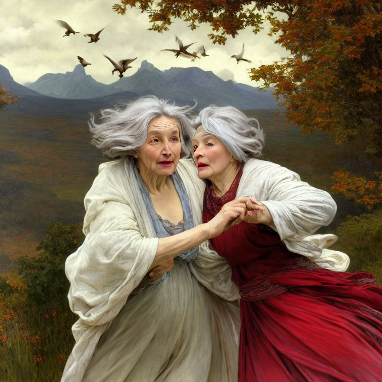 Elderly women in historical clothing in autumnal landscape with mountains and birds
