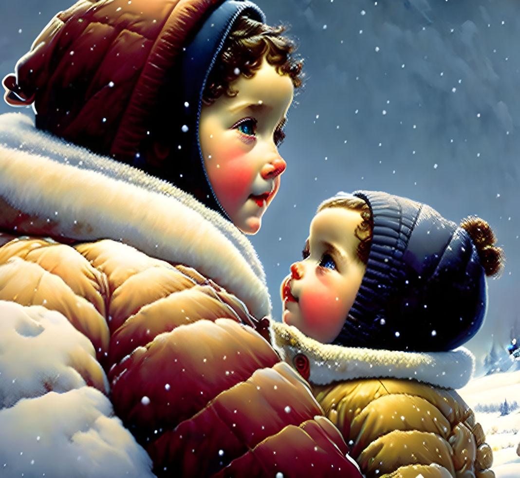 Children in winter clothes staring in snowy scene