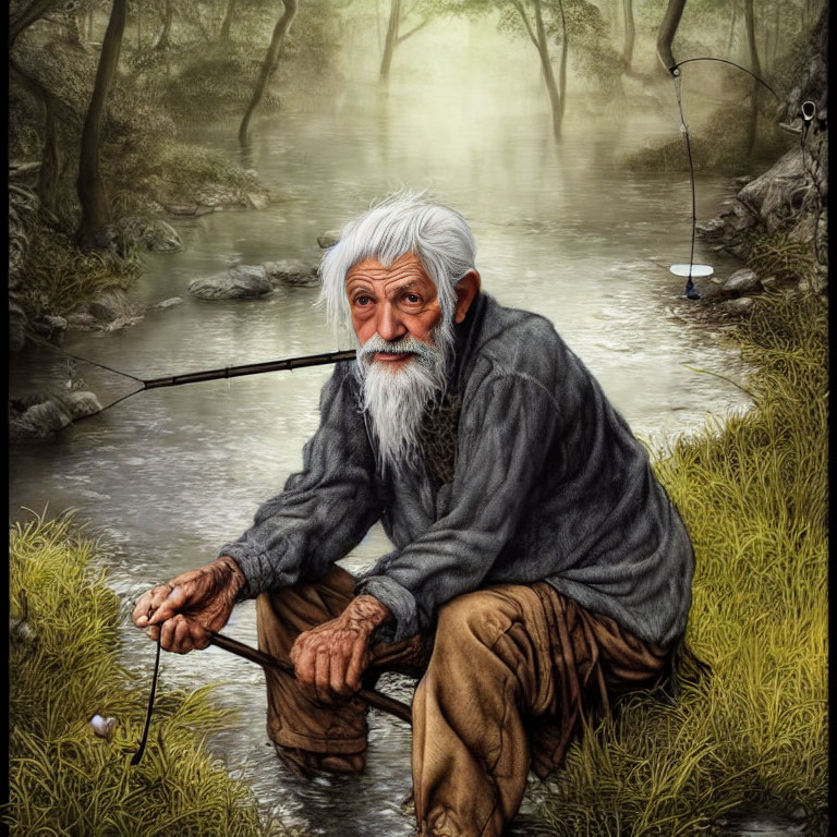 Elderly man with white beard fishing by misty creek in lush greenery
