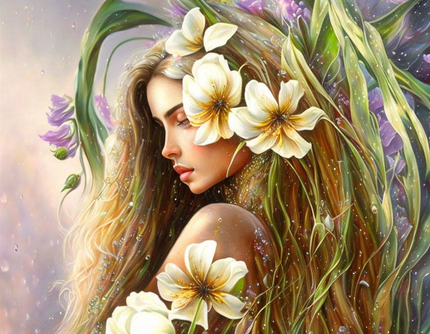 Illustrated woman with flowing hair and white flowers against soft-focus background.