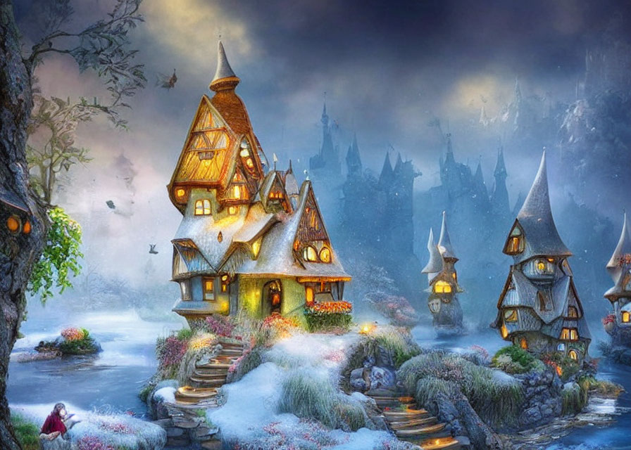 Snowy fairytale cottages by frozen river under twilight sky