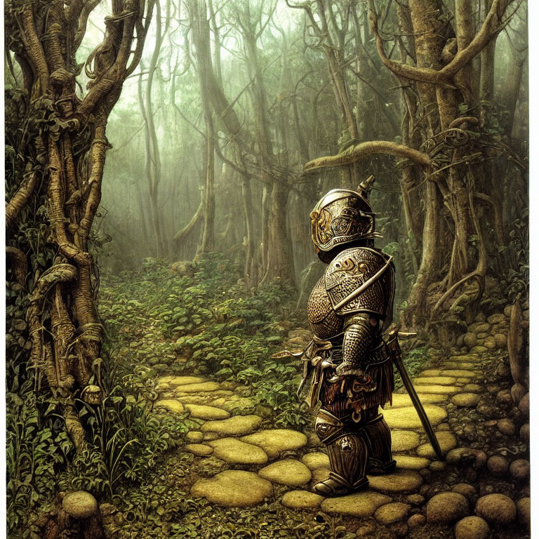 Ornate armored knight in misty forest with twisted trees