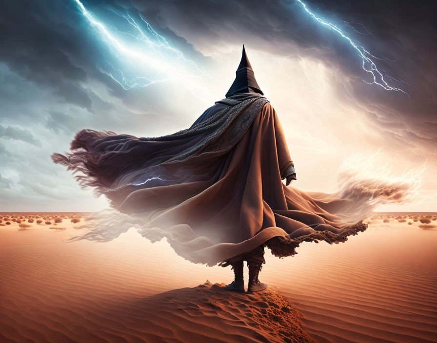 Cloaked figure in desert under dramatic sky with lightning bolts