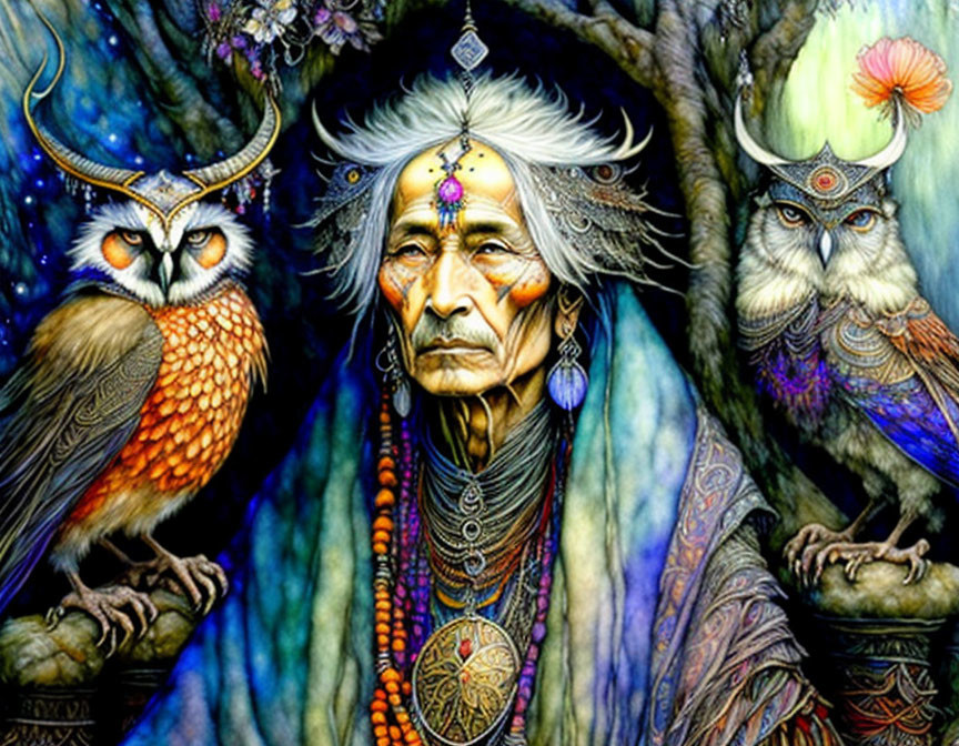 Elder with painted face and owls in mystical forest portrait