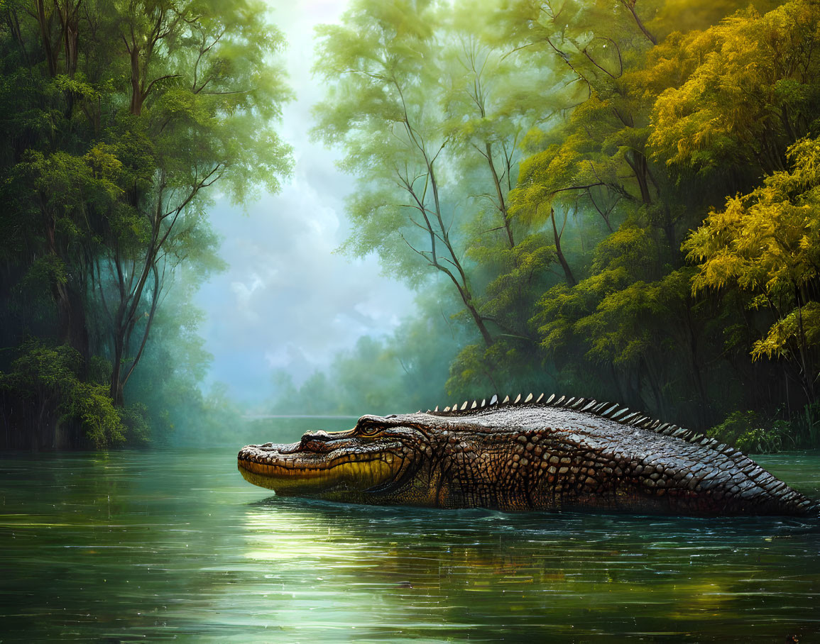 Large Crocodile in Water with Misty Forest Background
