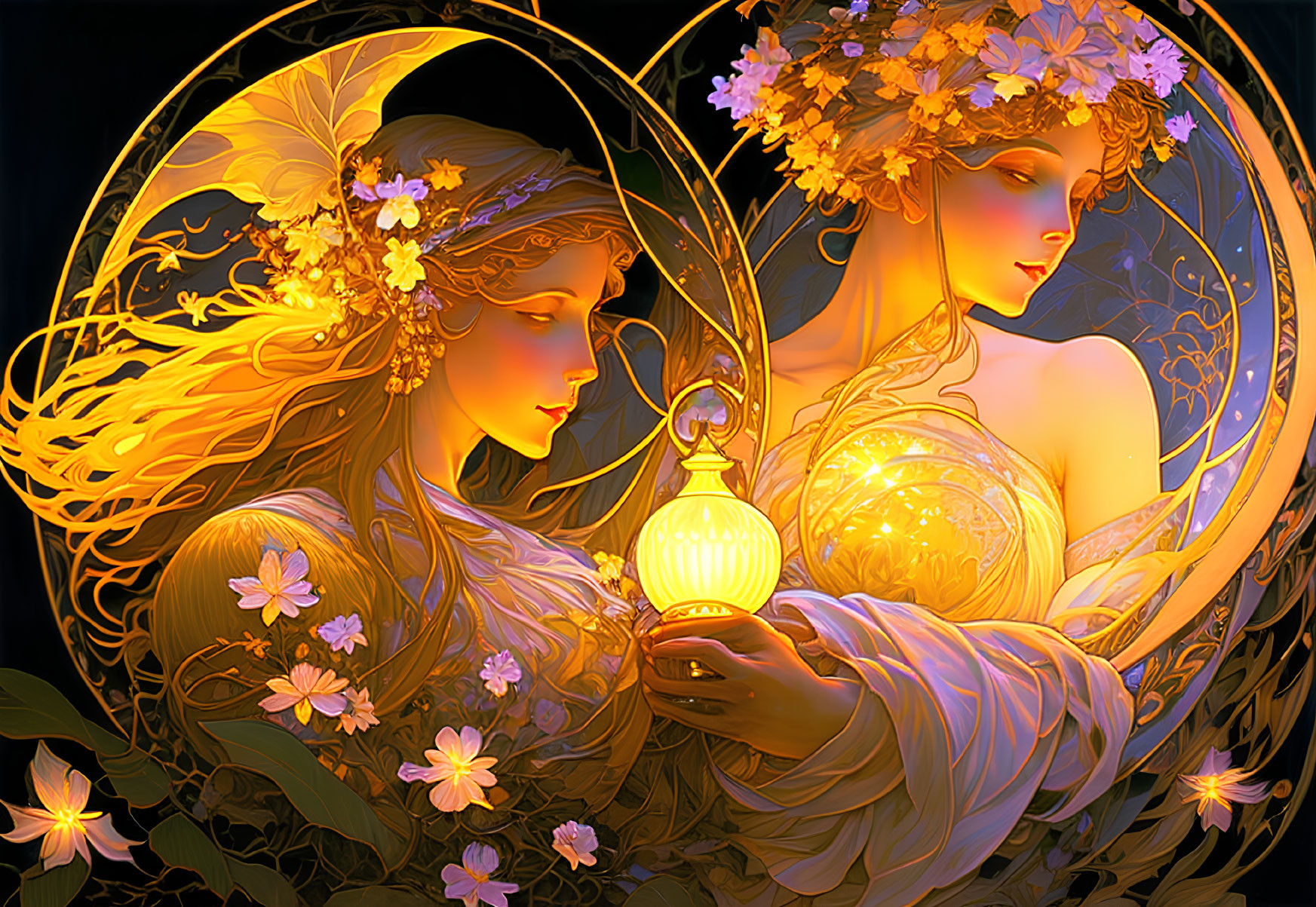 Ethereal women with floral crowns in golden light and Art Nouveau patterns