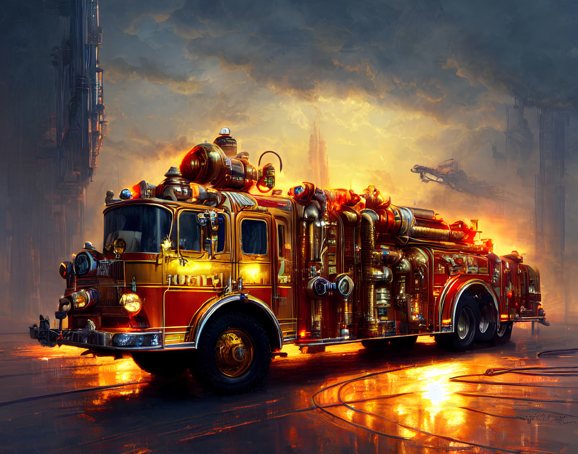 Detailed illustration of classic firetruck in gold and red against dystopian cityscape.