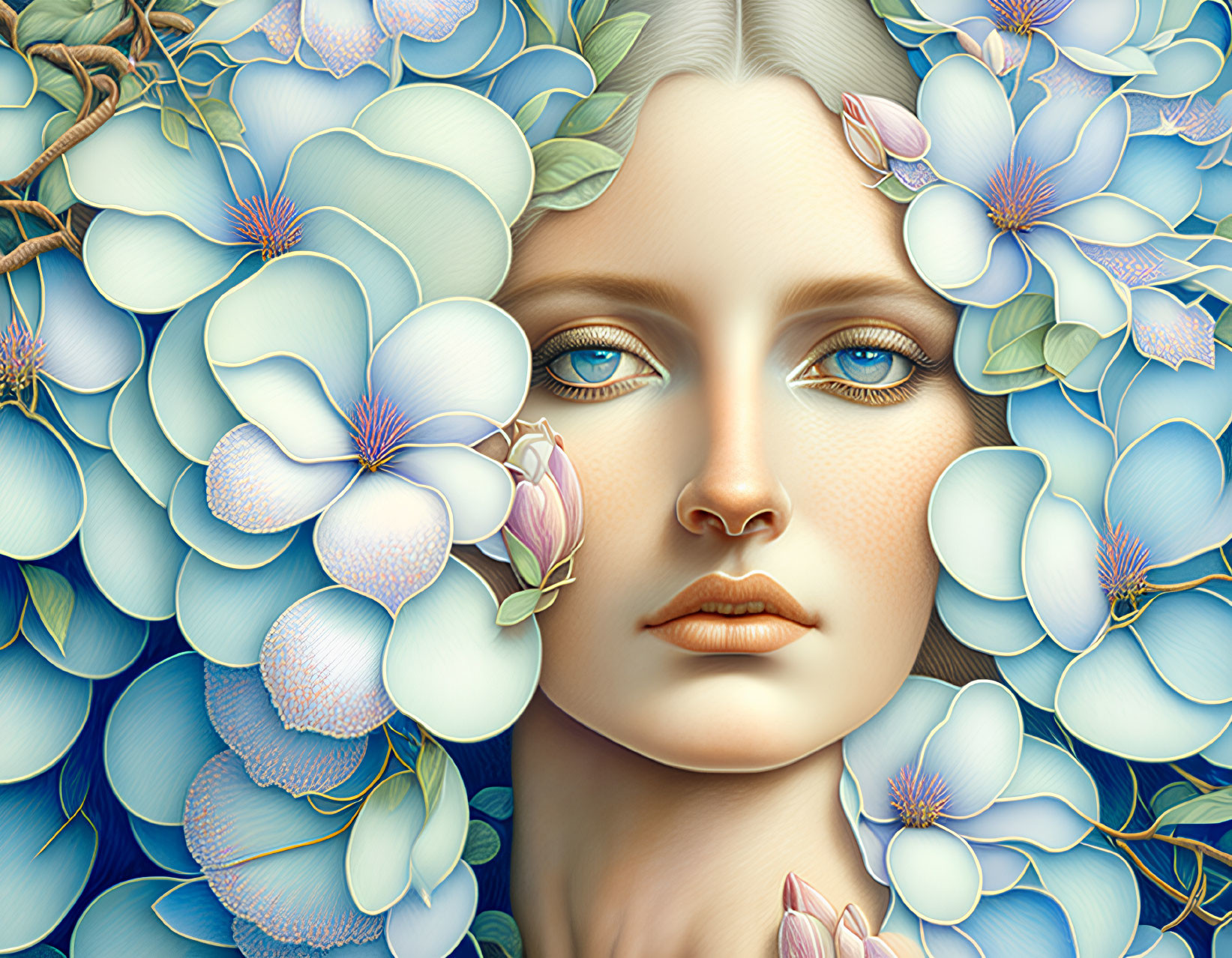 Surreal illustration: Woman's face in vibrant blue flower sea