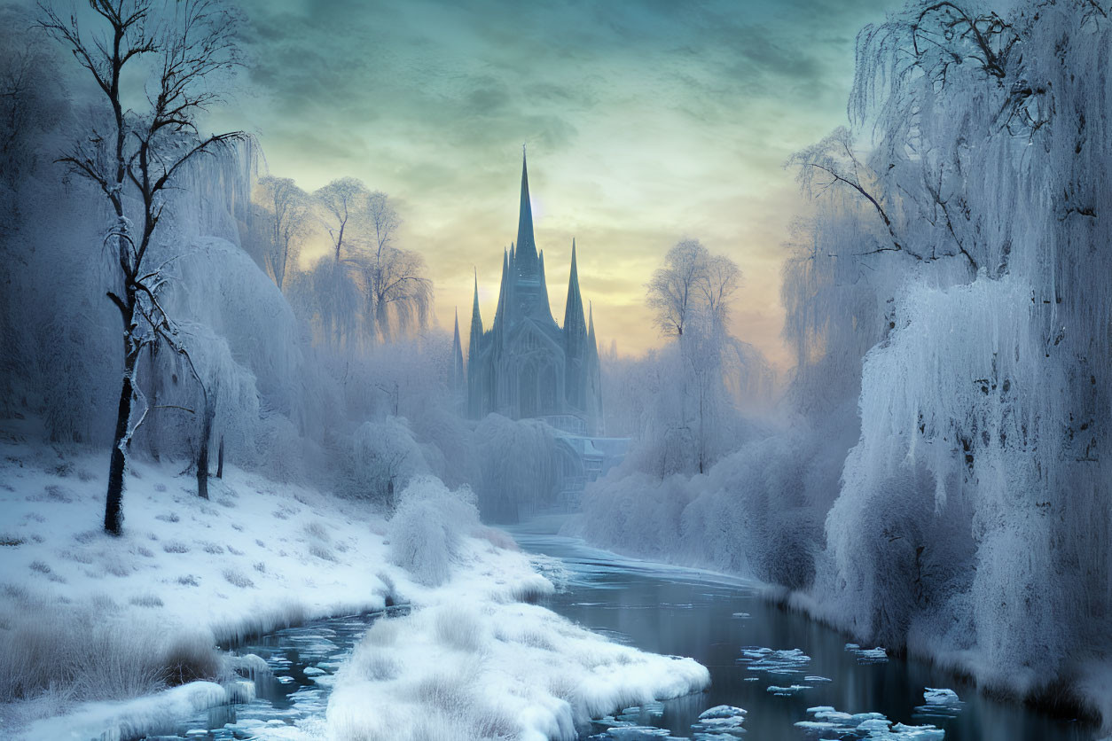 Frozen River, Snow-Covered Trees, and Gothic Cathedral in Winter Scene