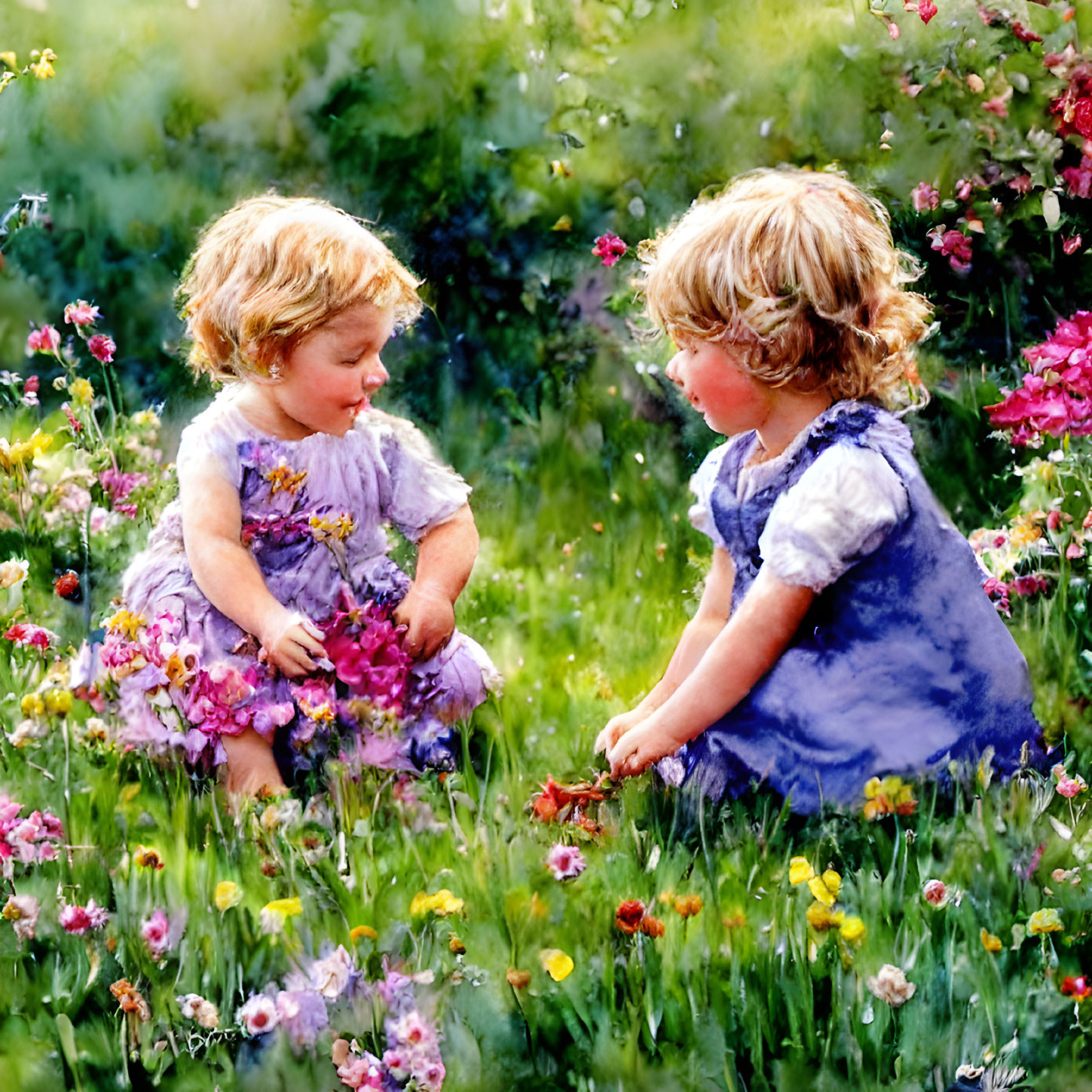 Children in colorful dresses in vibrant flower garden reaching for flowers