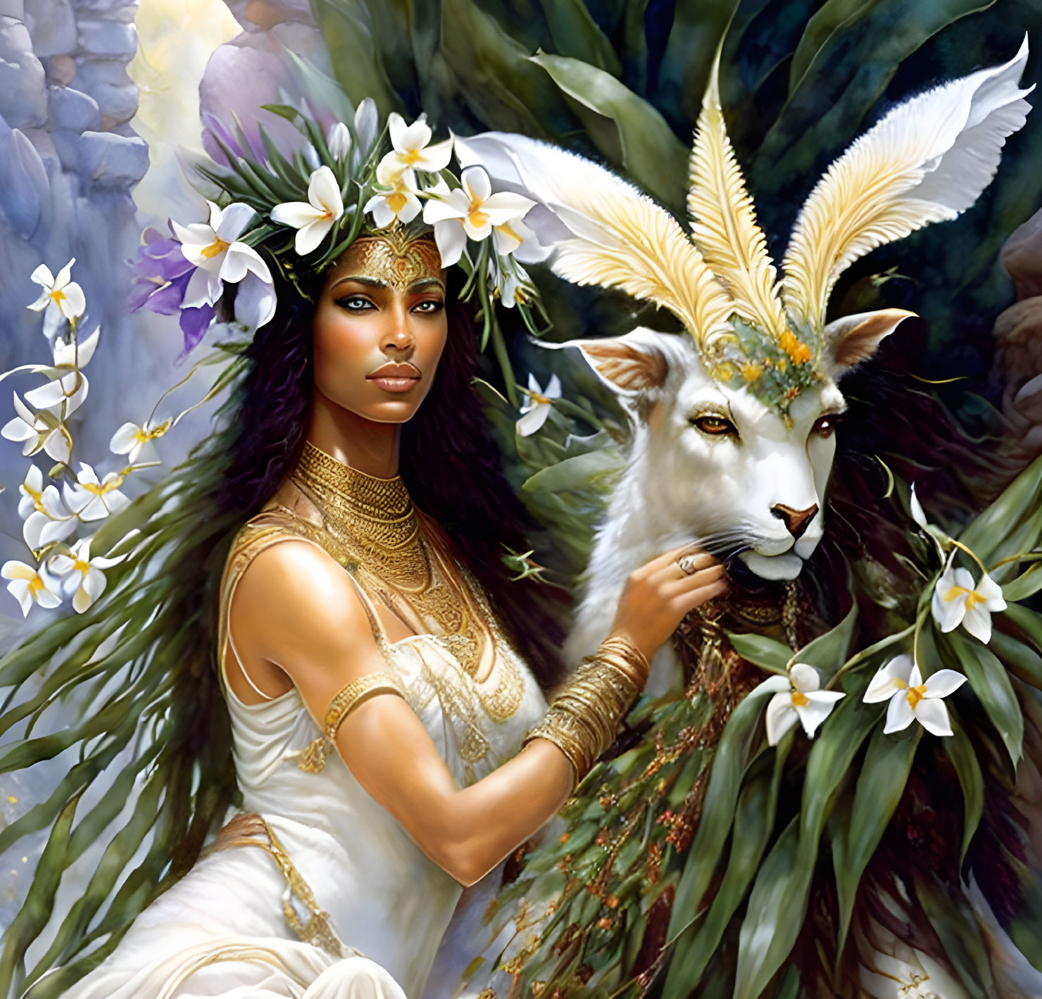 Woman with floral adornments and mystical white goat creature in lush flora.