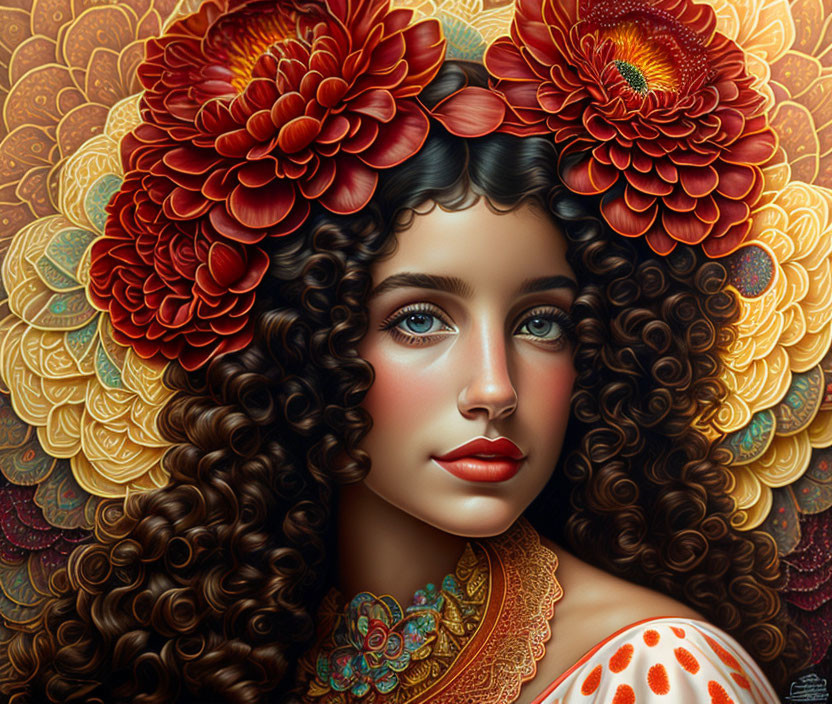 Portrait of Woman with Curly Hair and Red Flowers in Golden Surroundings