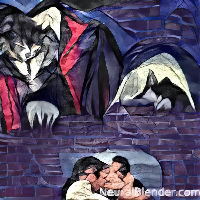 Dracula and Wolfman share a tender kiss