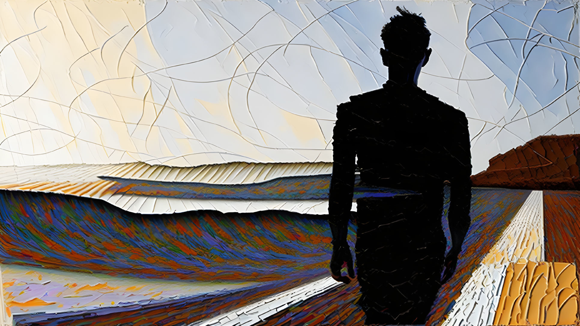 Abstract landscape with silhouetted figure in swirling sky.