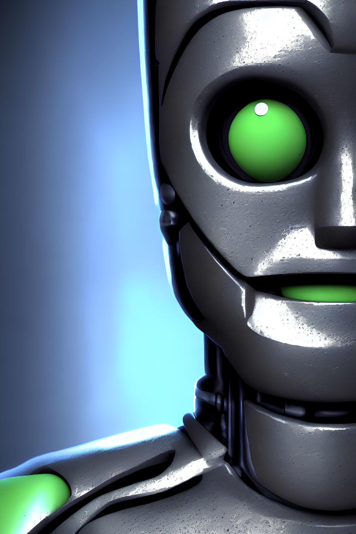 Metallic robot face with glowing green eyes in soft blue light