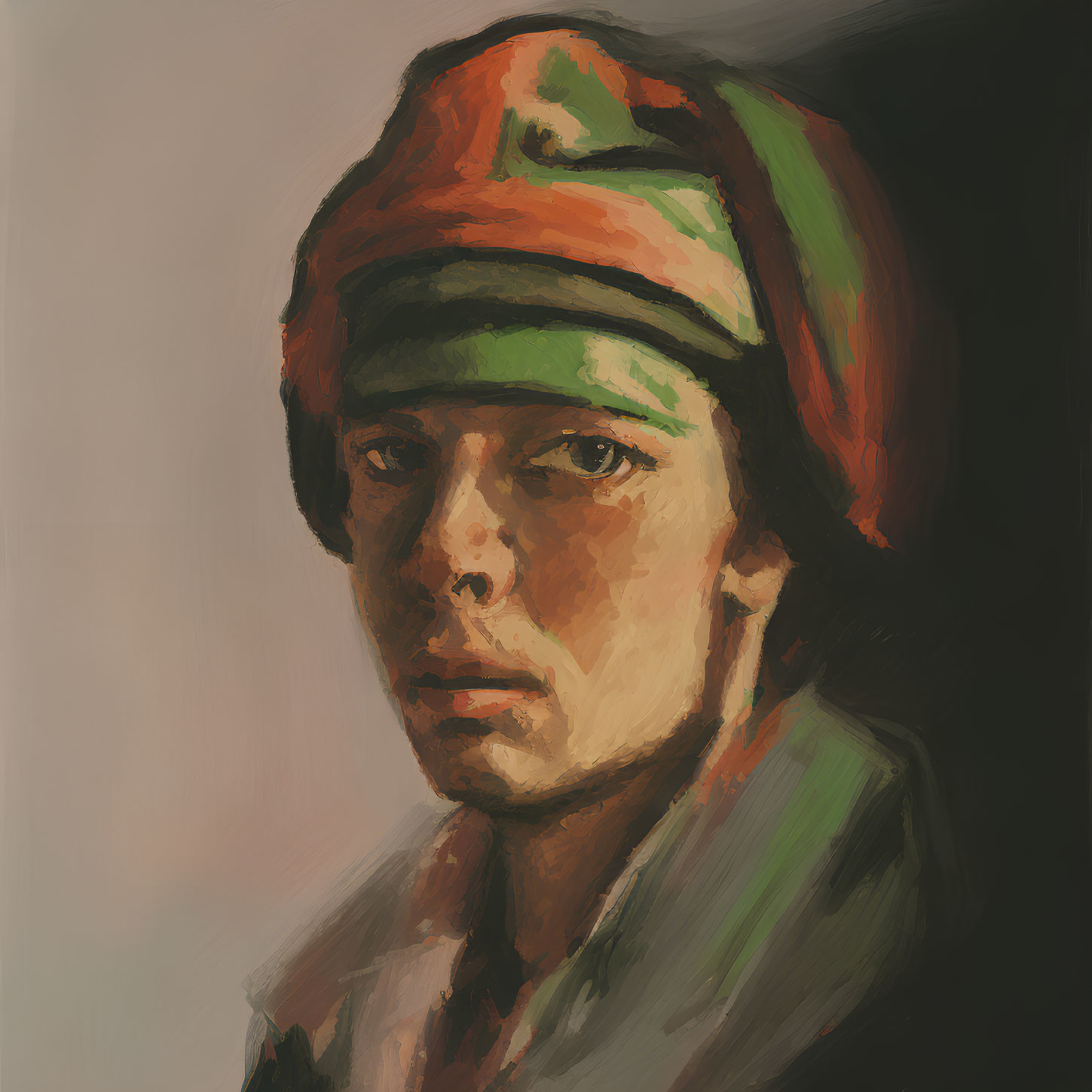 Intense gaze portrait with person in red beanie.