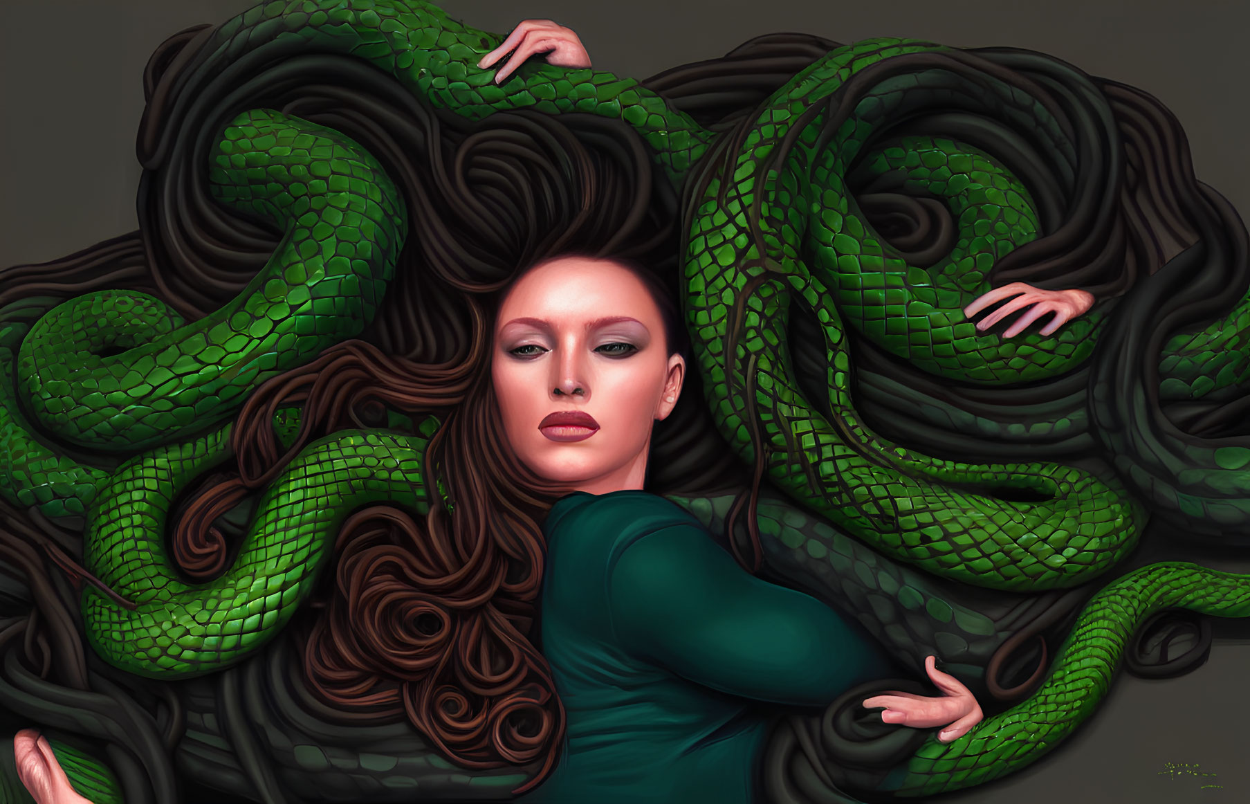 Woman entwined with vibrant green snakes, brown hair mingling.