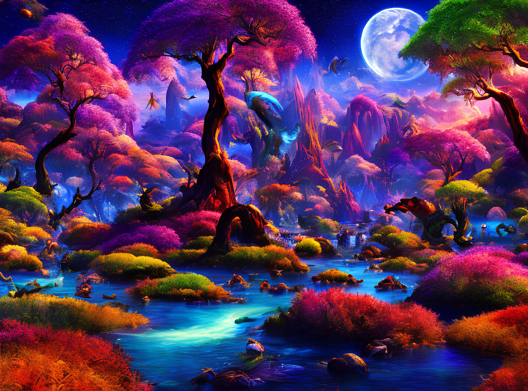 Colorful Fantasy Landscape with Full Moon, Starry Sky, and Serene River