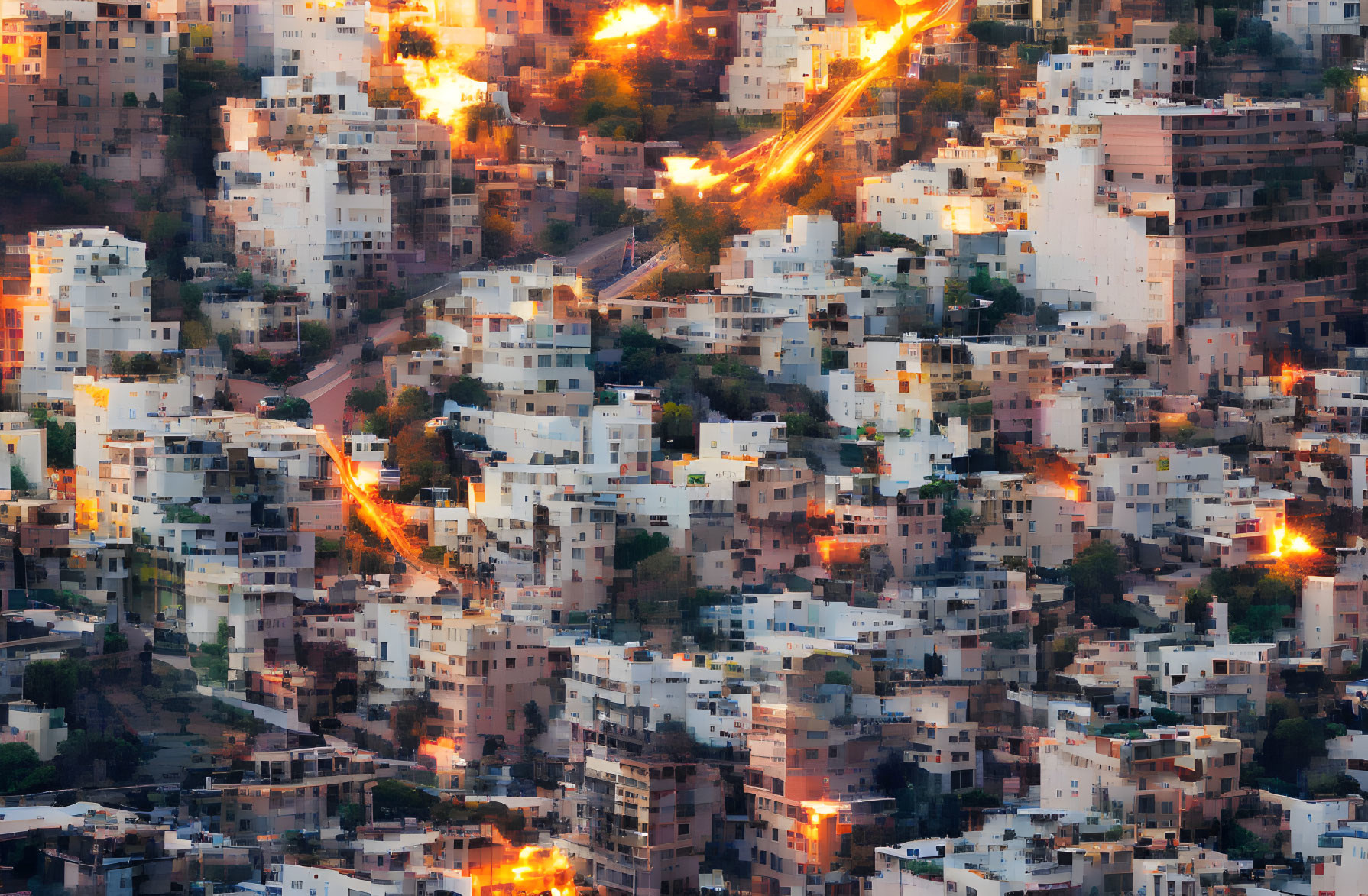 Densely packed cityscape at dusk with fiery trails on buildings