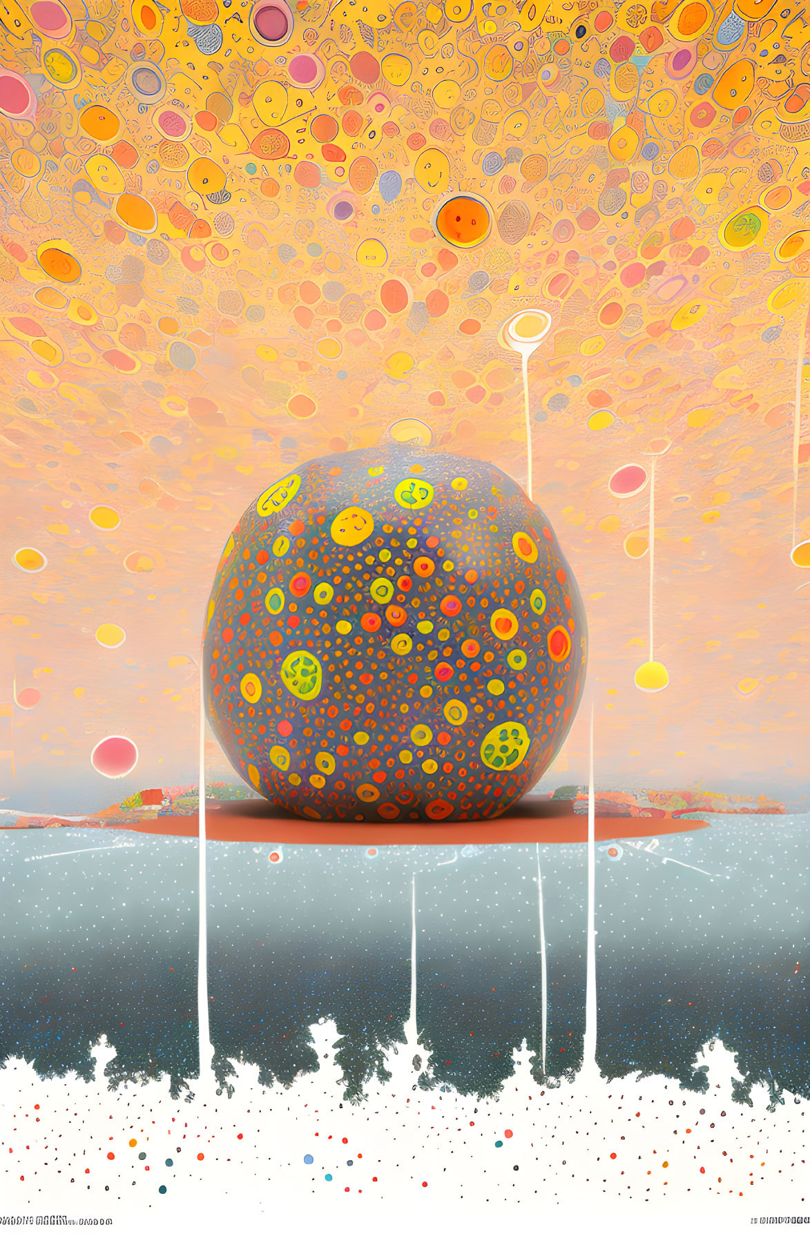 Vibrant surreal landscape with egg-shaped object and floating orbs