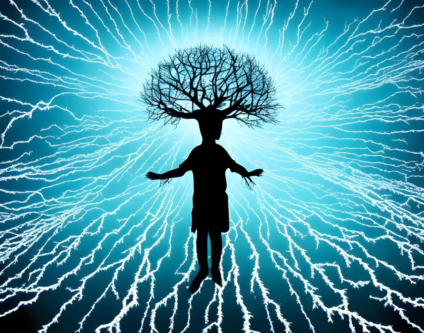 Silhouette person with tree head and lightning branches on turquoise background