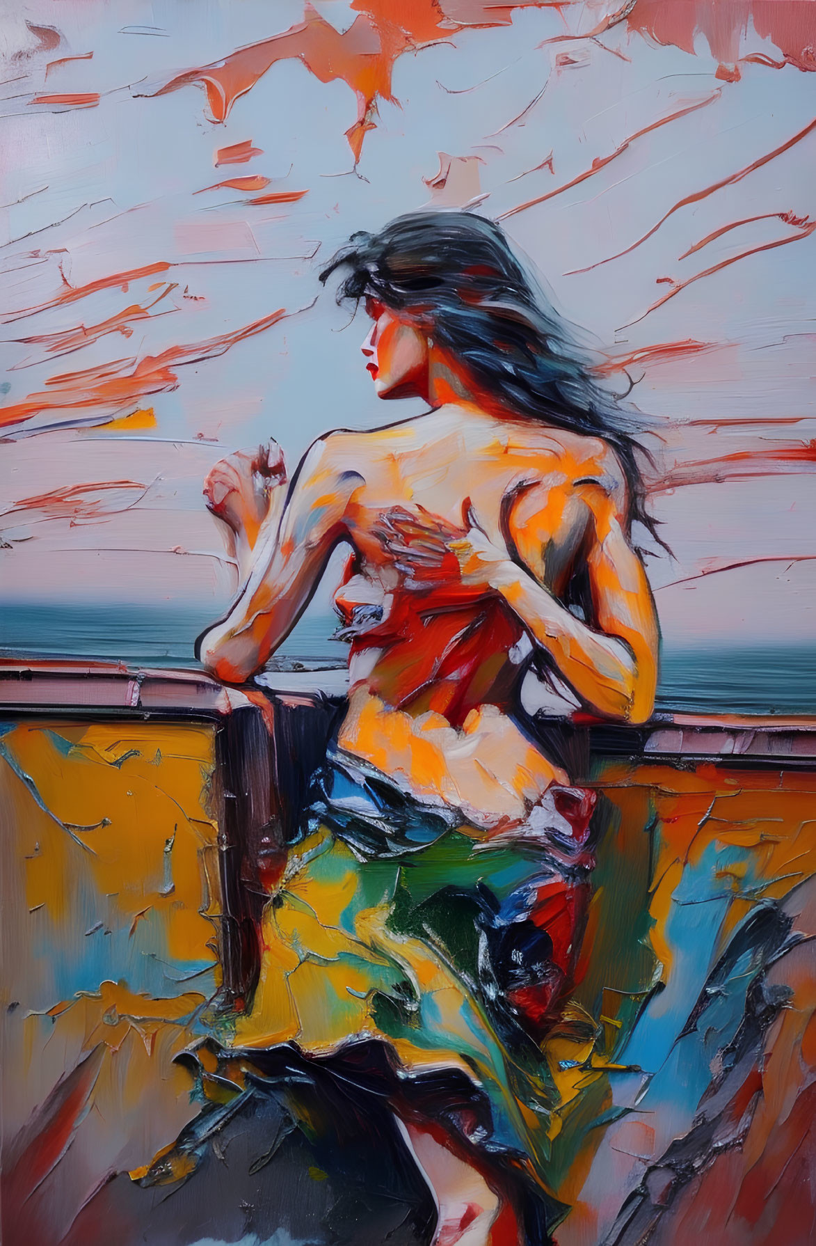 Colorful painting of woman by the sea with bold brushstrokes