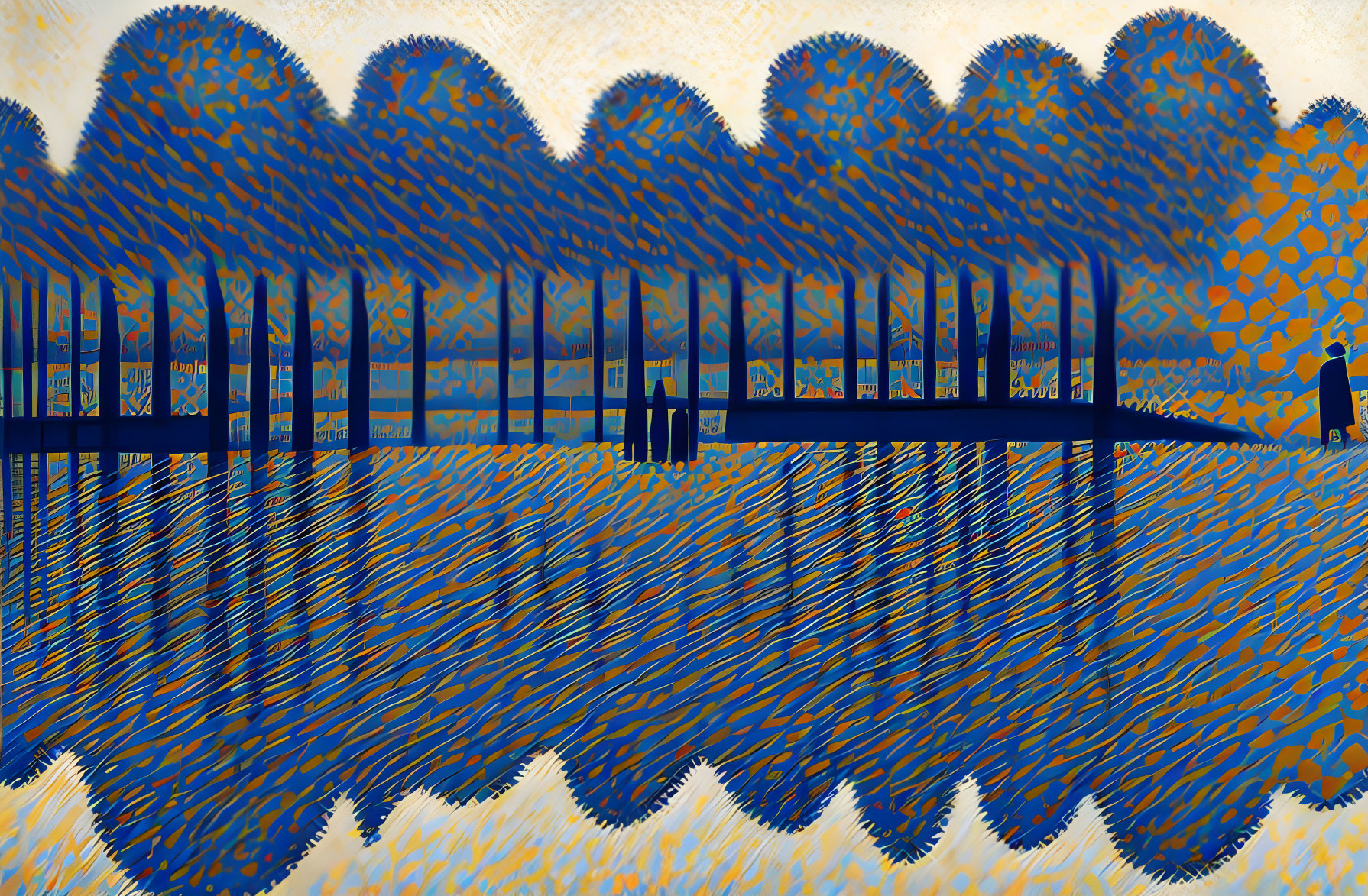Abstract Pier Image with Blue Railing and Patterned Overlay
