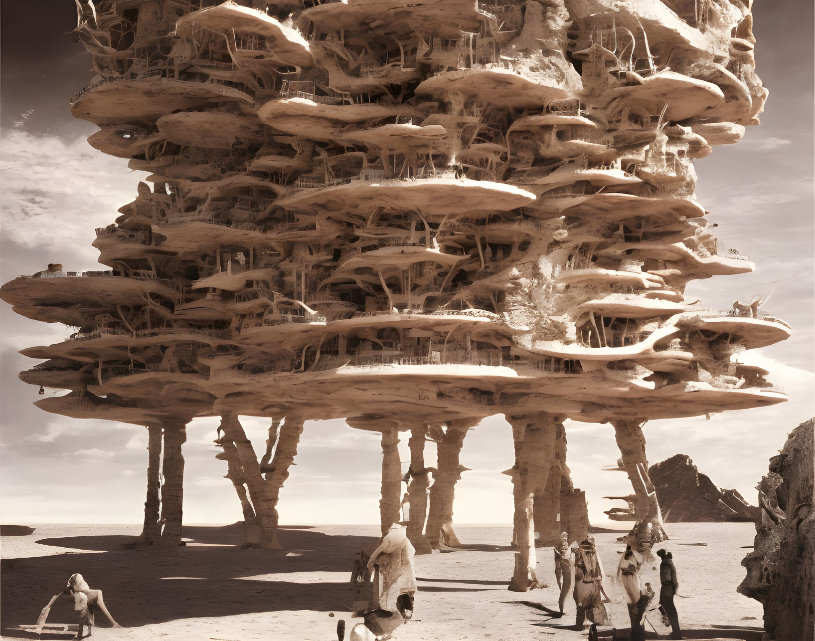 Surreal organic structure in desert with robed figures