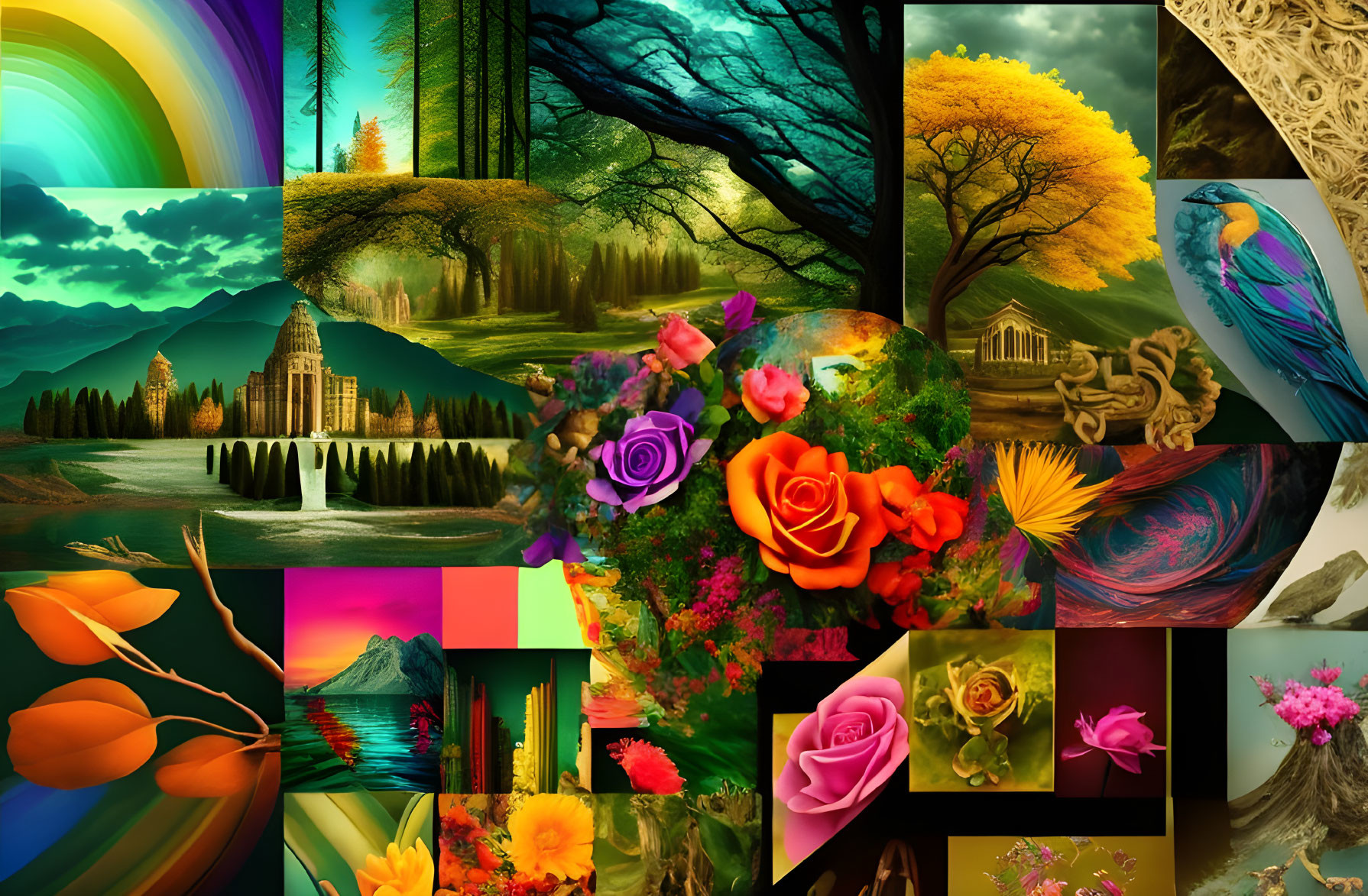 Nature and art collage featuring landscapes, flowers, vivid colors