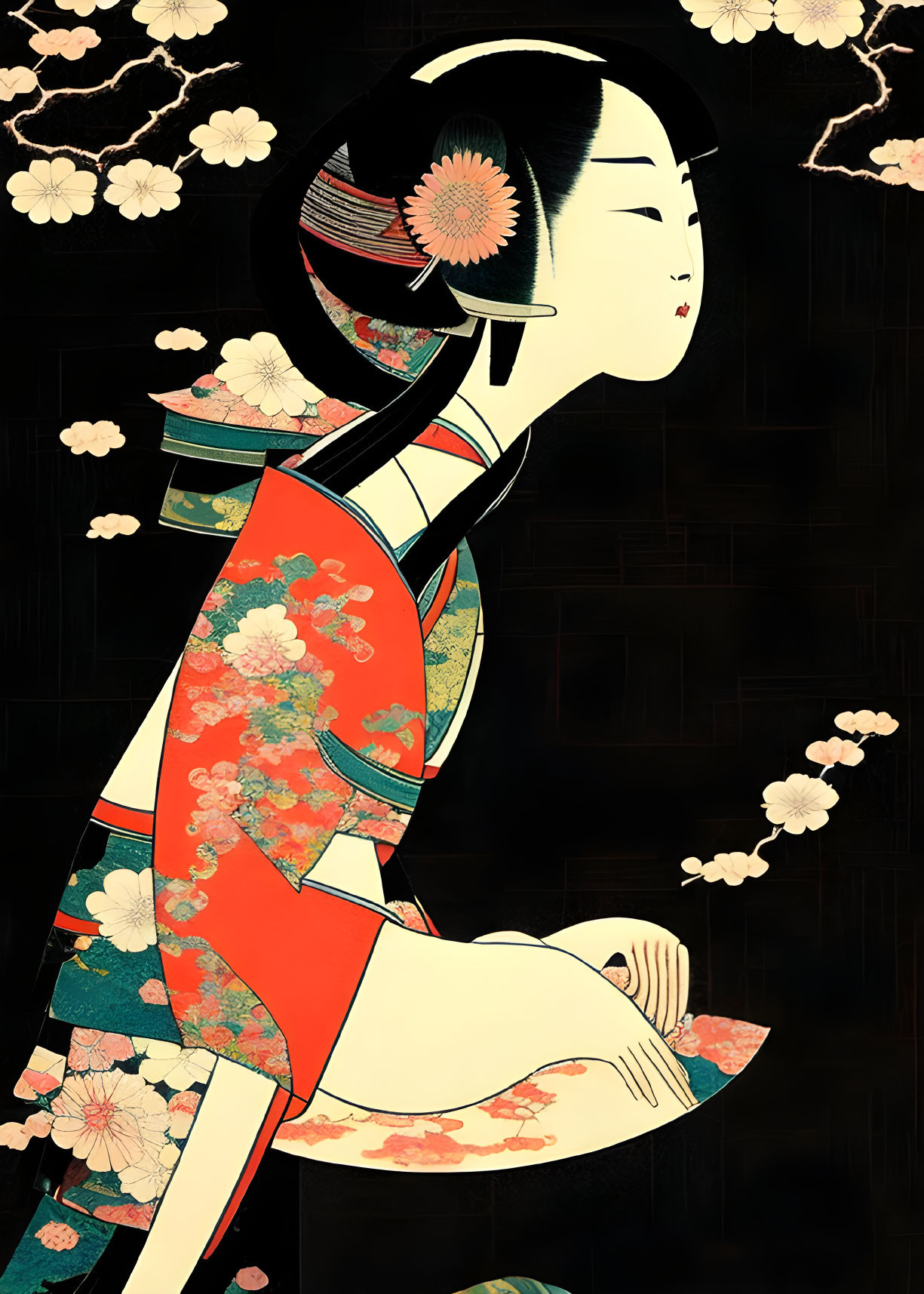 Traditional Japanese attire woman with cherry blossoms illustration