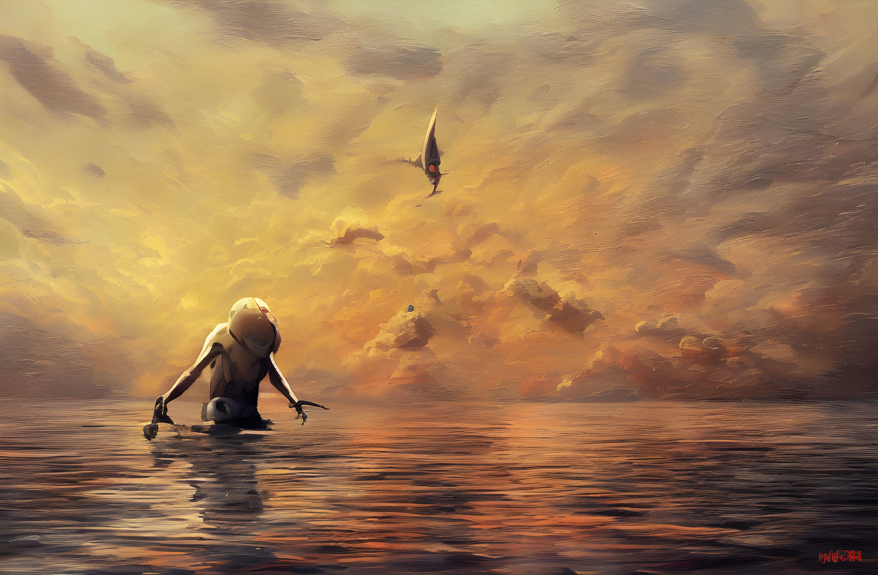 Tranquil figure in water under golden sky with soaring bird