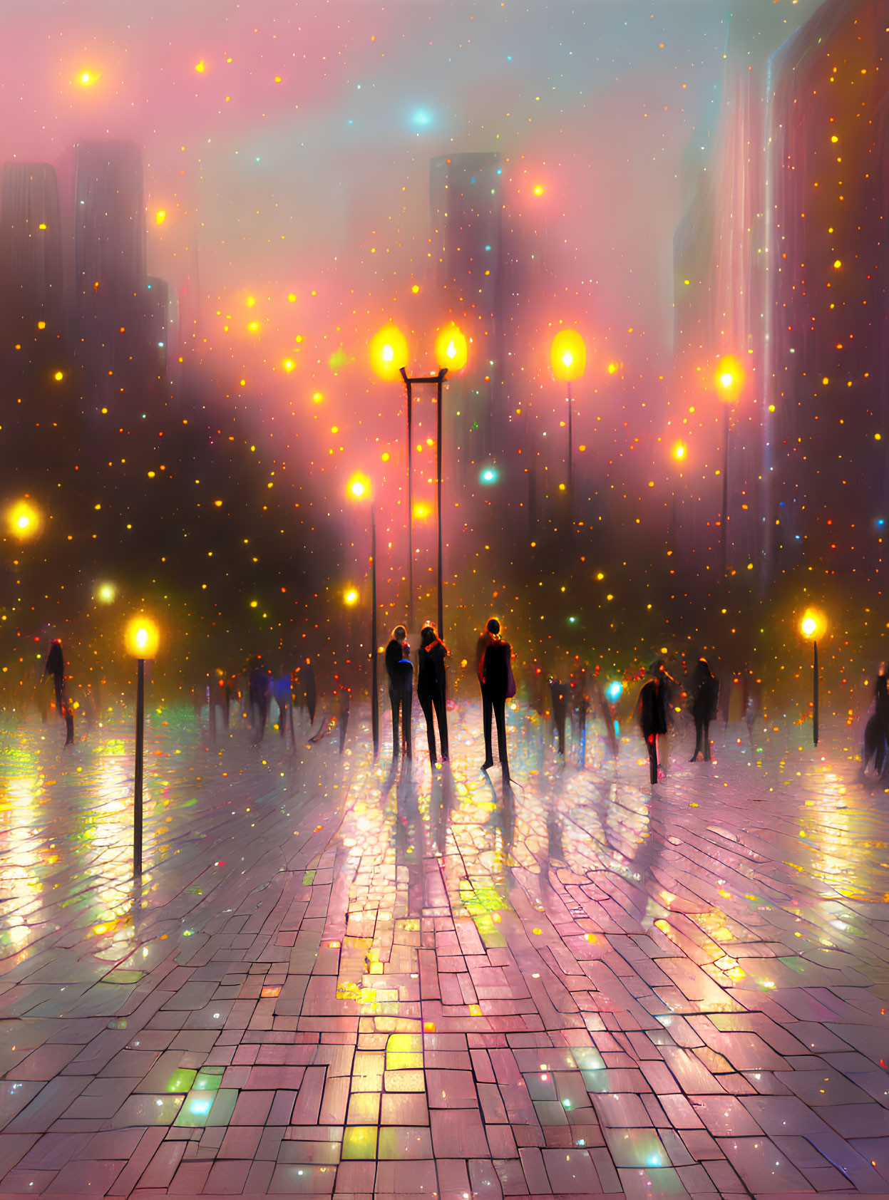 Colorful cityscape with glowing street lamps and people walking in a hazy atmosphere