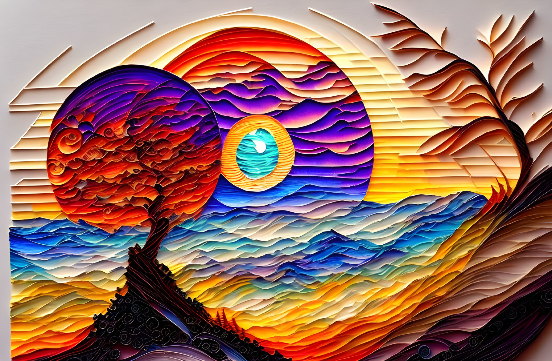 Colorful 3D paper art of landscape with tree, sun, and waves