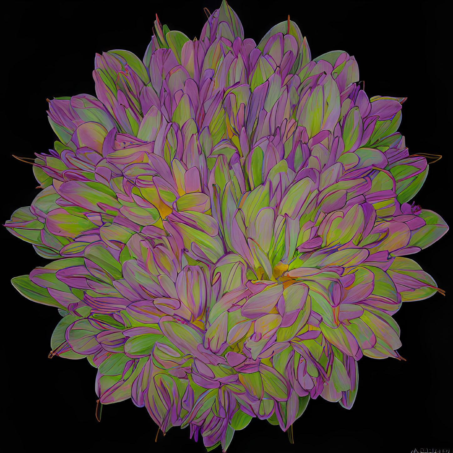 Symmetric floral digital art with purple, pink, and green petals on black.