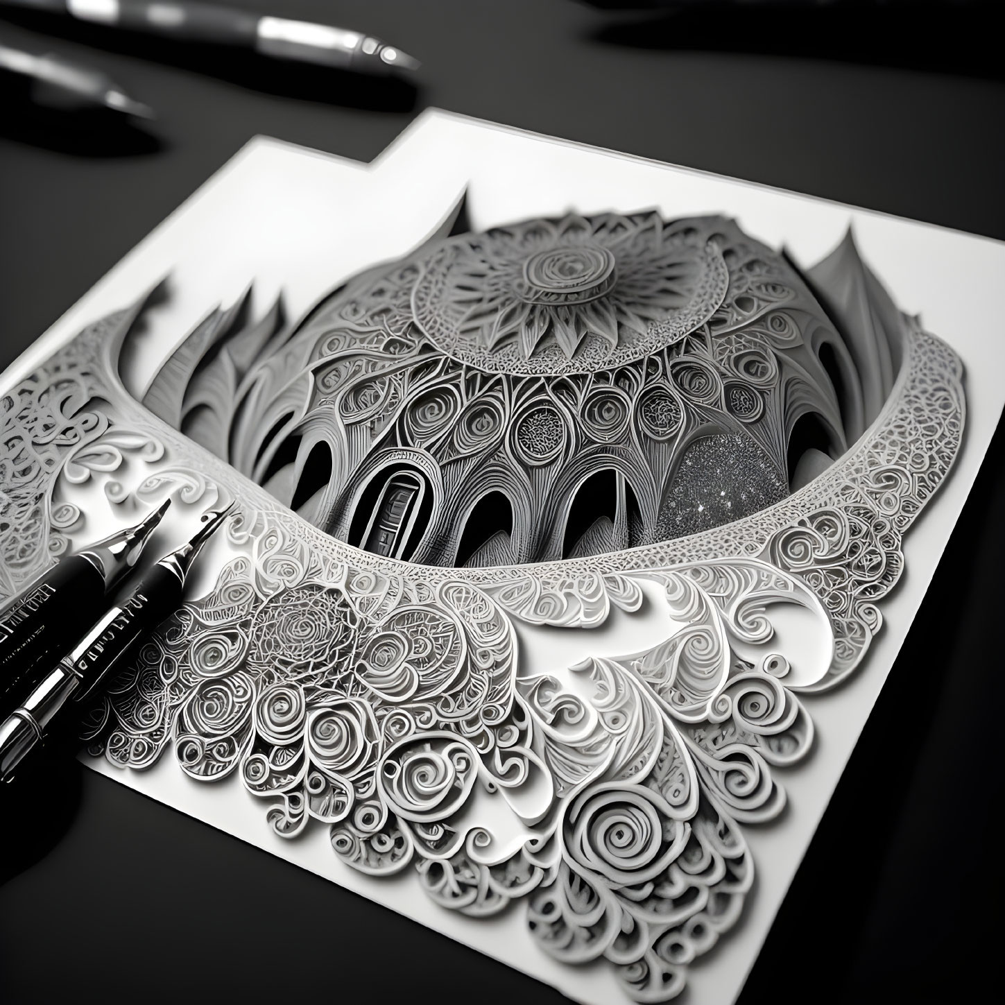 Detailed Black and White 3D Illustration of Ornate Architectural Dome with Drawing Pens