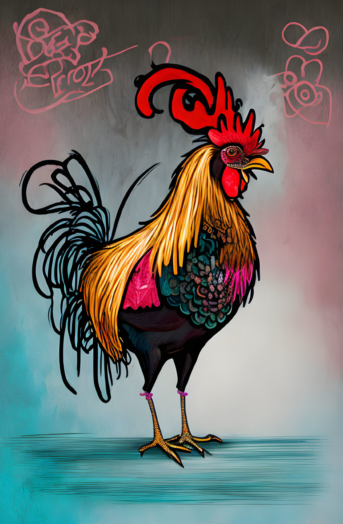 Colorful Rooster Digital Artwork with Graffiti Elements and Calligraphy