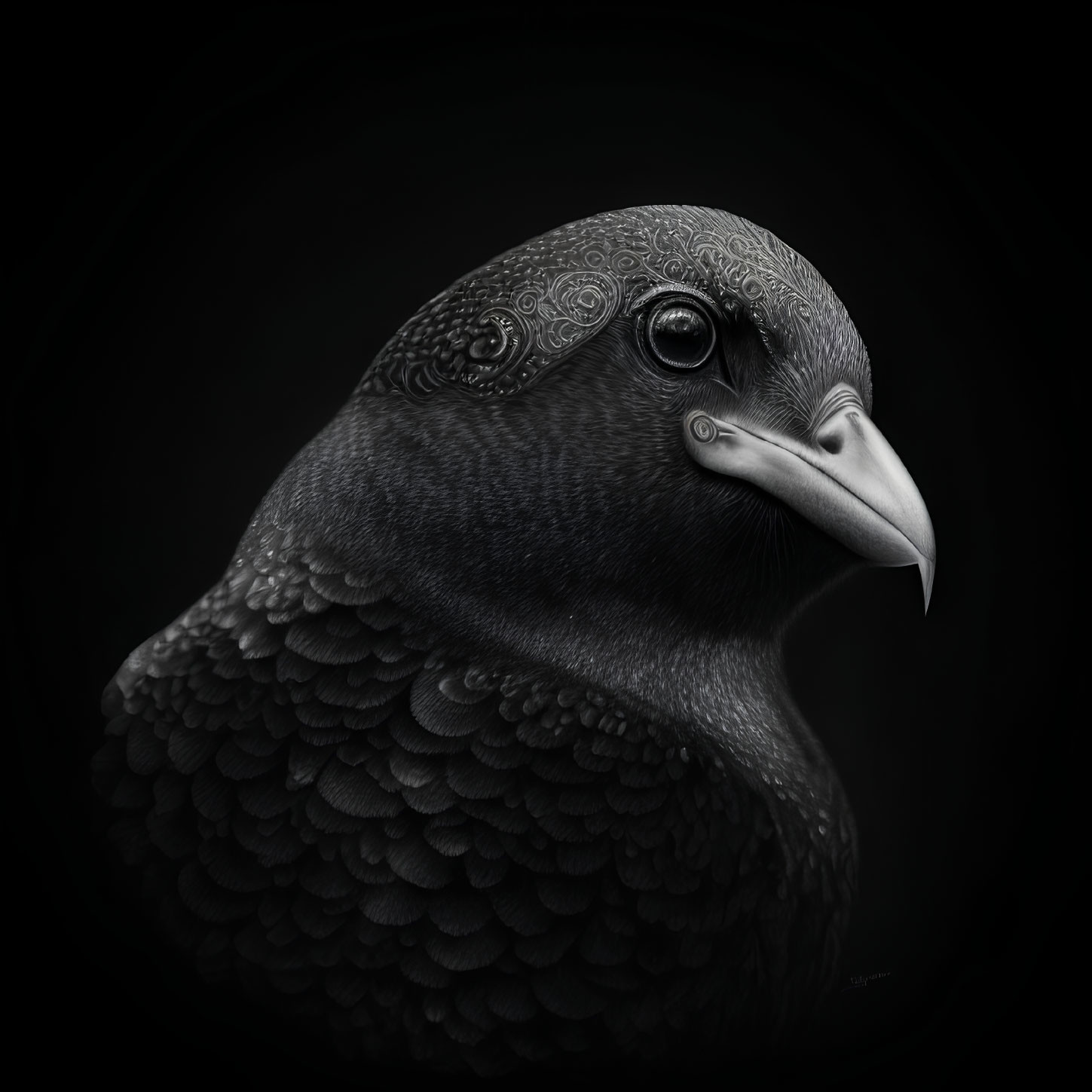 Monochrome pigeon with intricate feather patterns on dark background