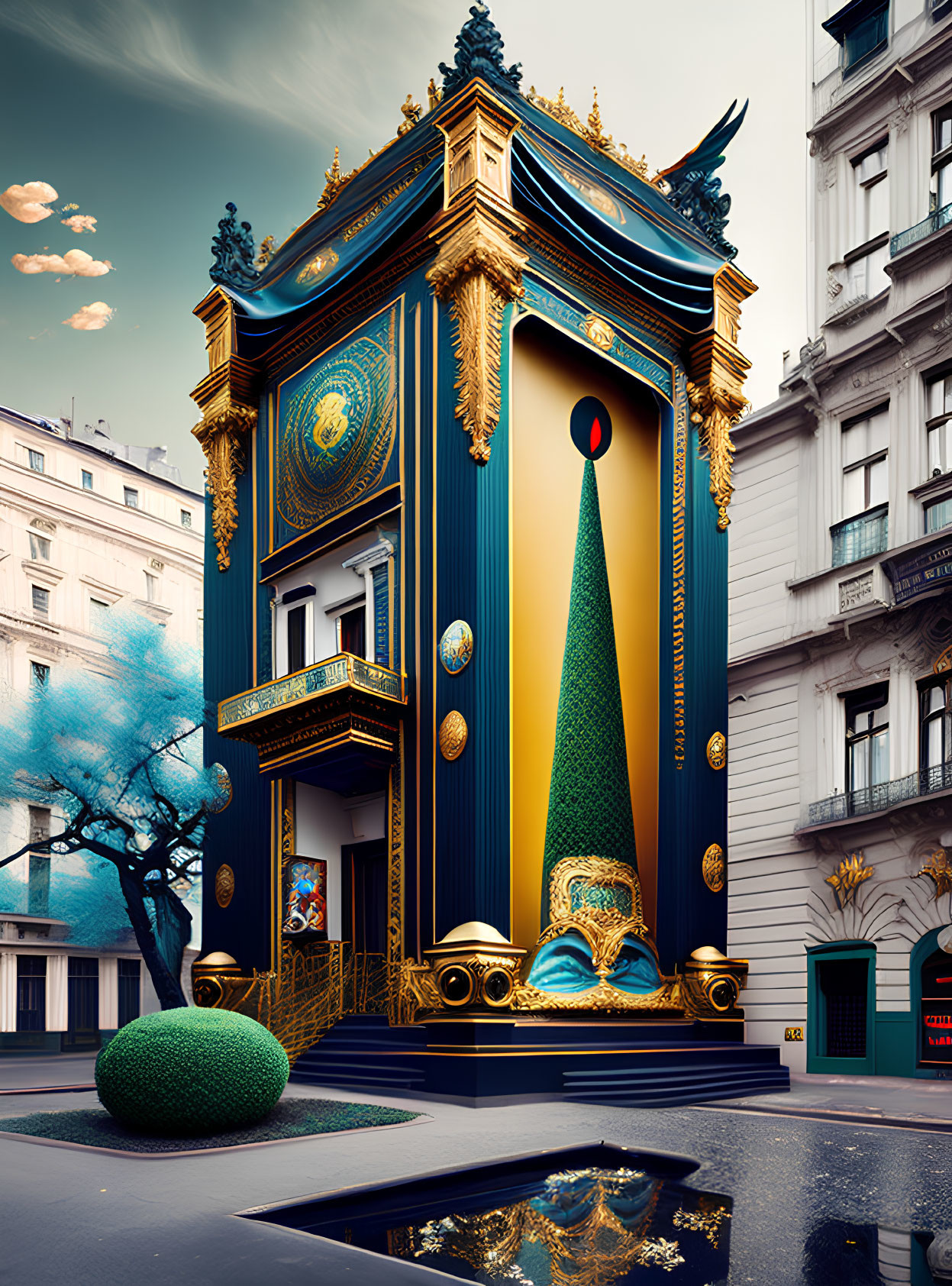 Ornate surreal building facade with blue and gold color scheme and whimsical tree