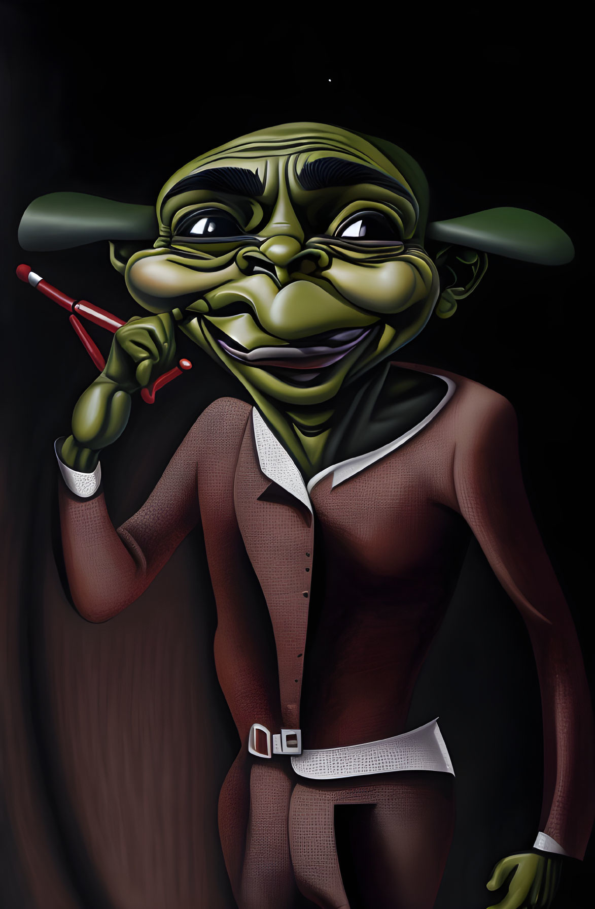 Green-skinned character in brown suit with pen and large ears