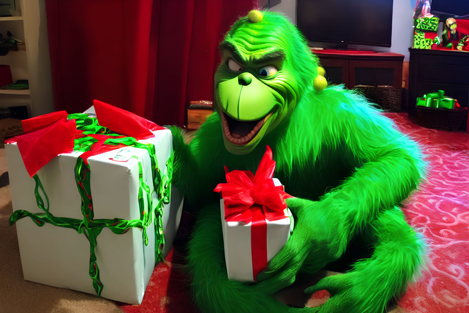Green Grinch with gifts in festive room