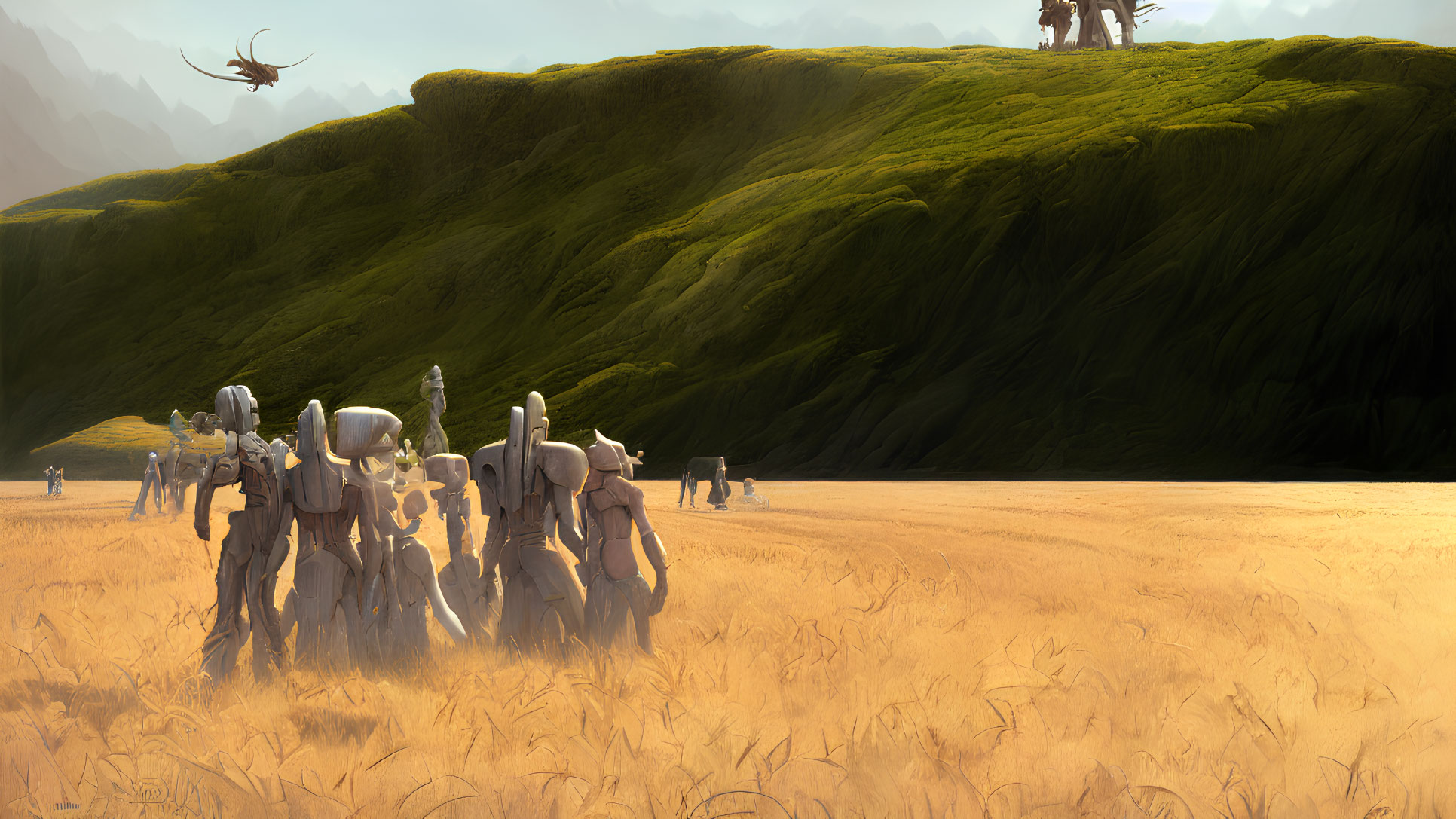 Futuristic soldiers in white armor in golden field with flying creature