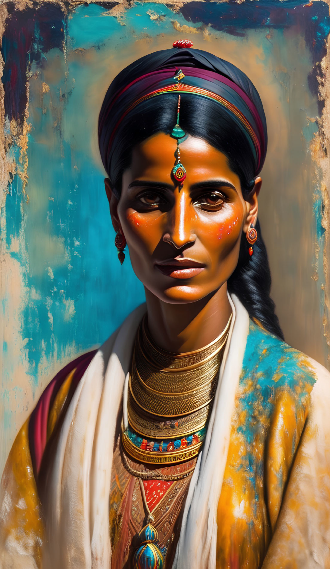 Portrait of woman with traditional jewelry, headscarf, and face markings on textured backdrop