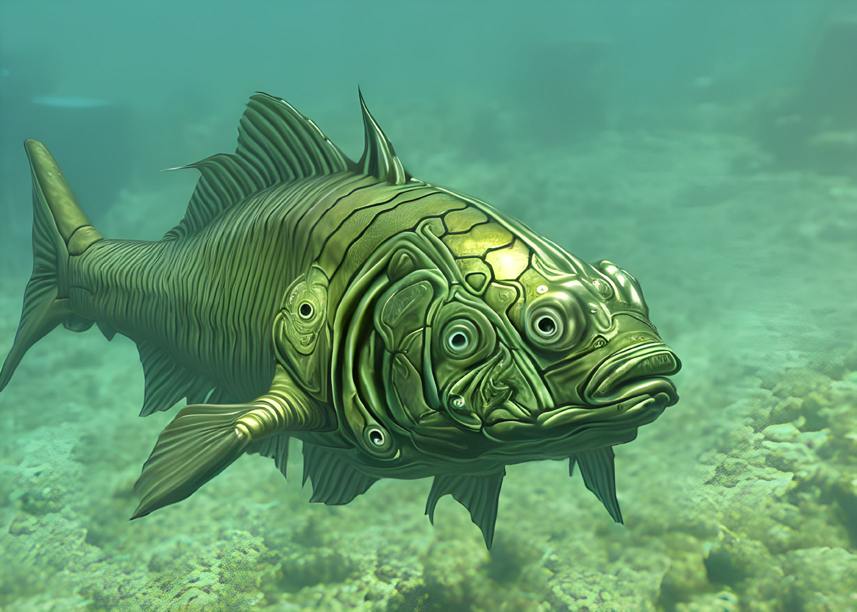 Metallic Fish with Intricate Patterns Swimming Near Ocean Floor