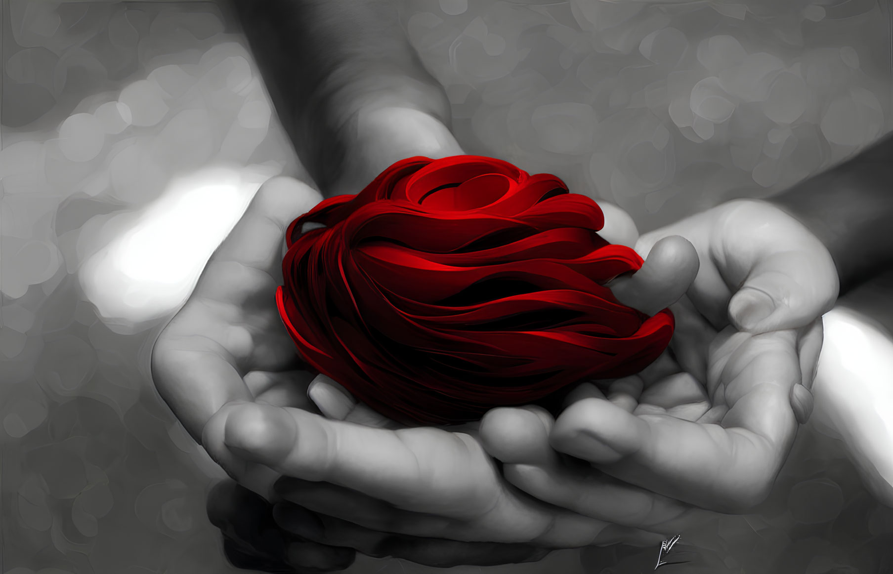 Hands holding red flower on blurred background: Vibrant floral imagery