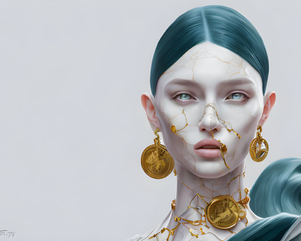 Digital Artwork: Woman with Pale Skin, Cracked Golden Lines, Teal Hair, Gold E