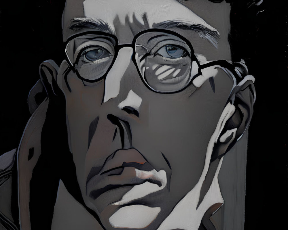 Stylized portrait of a person with glasses and hand on face against dark background