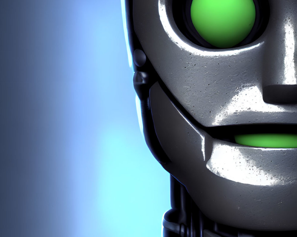 Metallic robot face with glowing green eyes in soft blue light